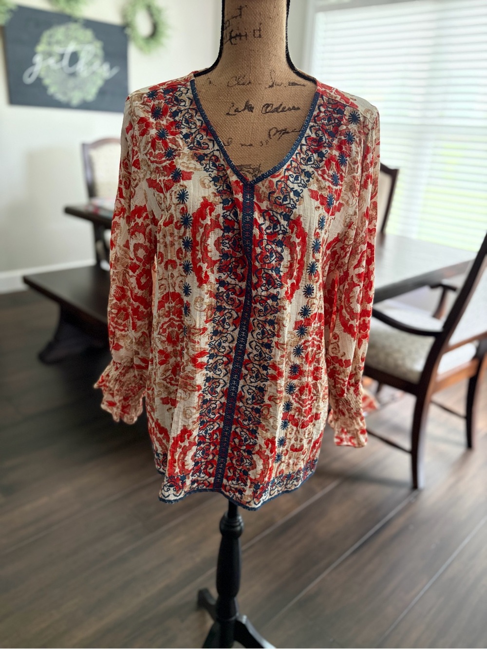 Tru Luxe Jeans Red & Blue Floral Peasant Tunic